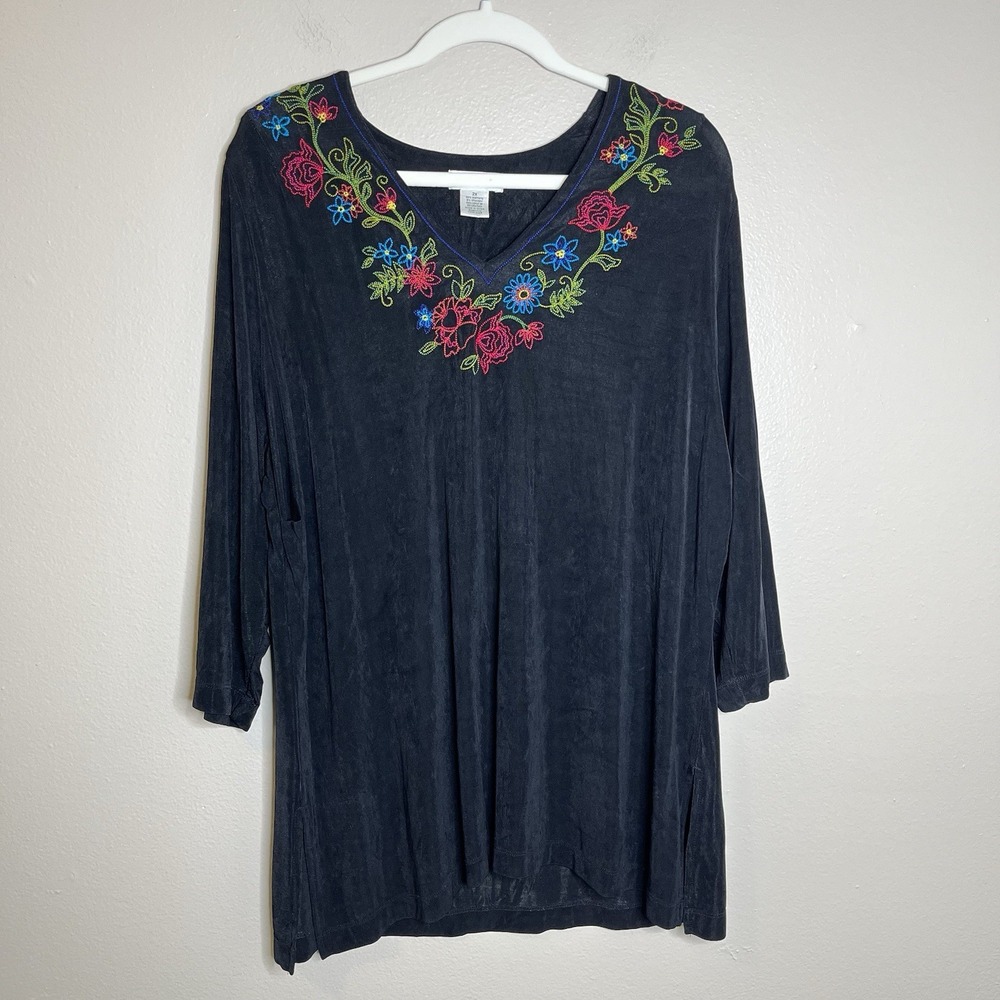 Women Tunic top 2x Relax Fit Whimsigoth Embroidered Dark Floral Witchy Romantic - Picture 2 of 9